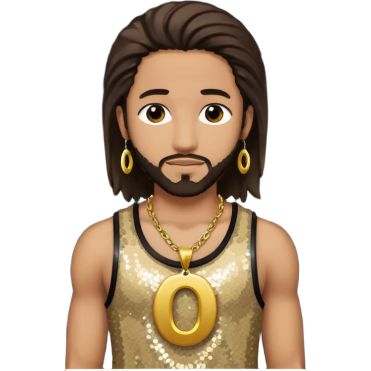 Omarion with long dark brown hair, dark brown sequin tank top, necklace with letter o emoji