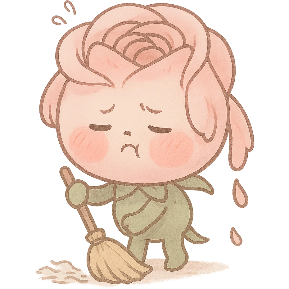 soft pink rose, chibi round style, puffed cheeks, exhausted expression, sweeping the floor, drooping petals, pastel tones, full-body emoji