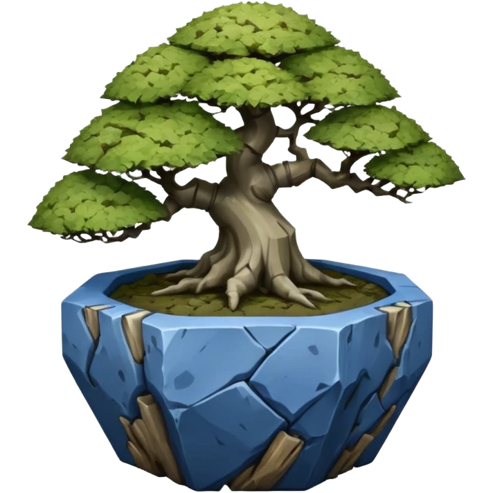 Korean very old broken Stone Age rocky-crusted polyhedron-shaped shallow dark moss rough bark blue maple tree bonsai pot emoji