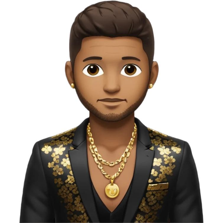 Usher with dark brown hair, black sequin suit jacket, shirtless with necklace emoji