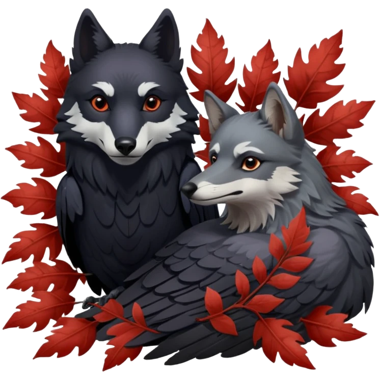 A raven bird and a wolf laying together with Weirwood leaves beneath them  emoji