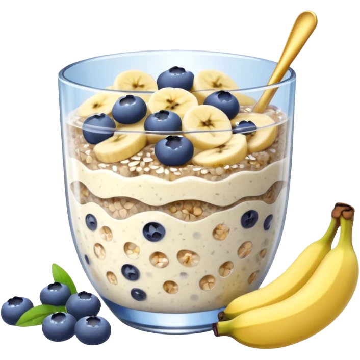 Overnight oats with banana slices,blueberries, honey, sky, chiaseeds emoji
