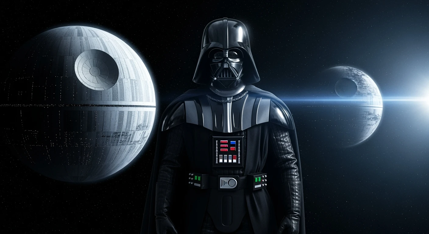 cinematic still, documentary photography, space and death star, well lit scene, Darth Vader floating in space, close up, front shot, rule of thirds emoji