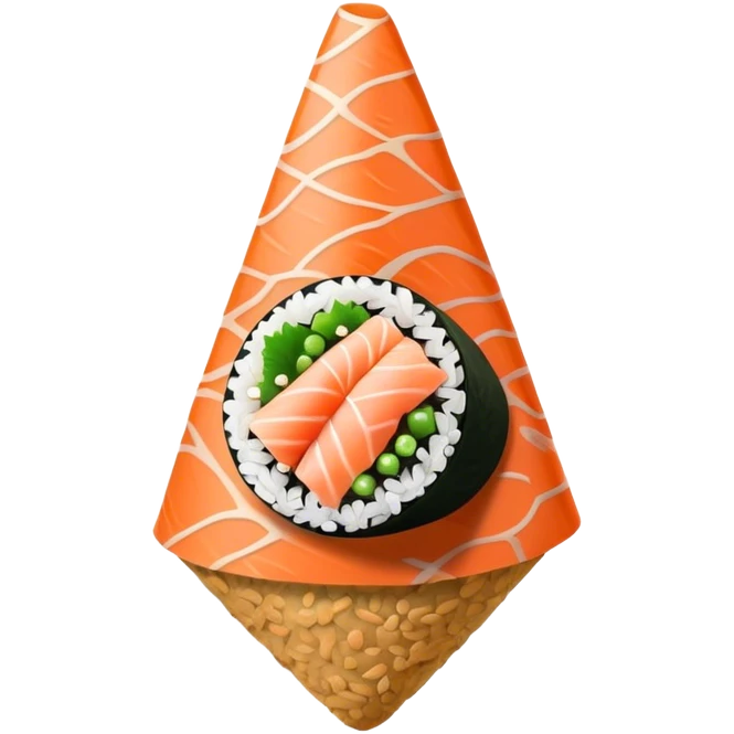 Temaki, japan food in a inverted cone, black with salmon on top emoji