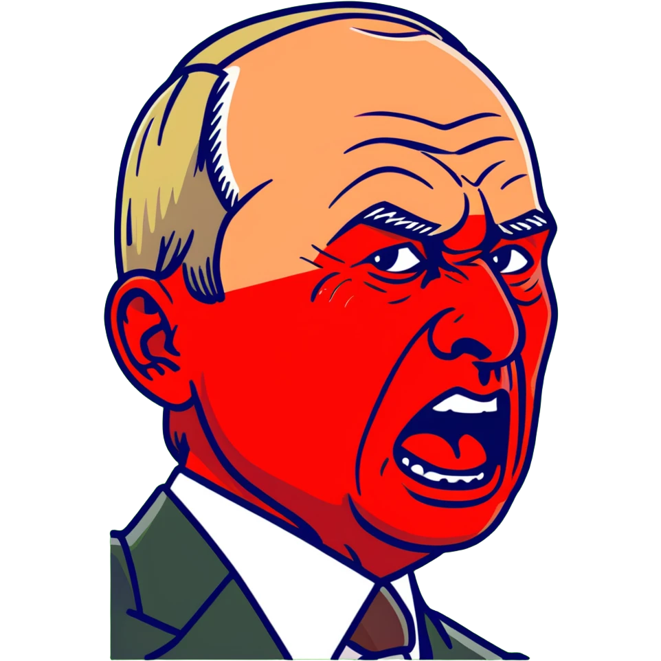 Vladimir Putin face in profile, looking sideways, screaming with intense anger, red face, furious expression emoji
