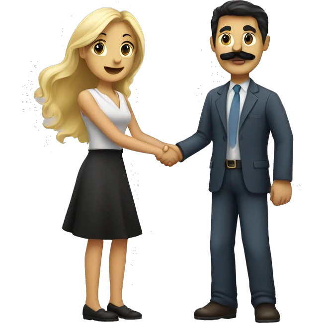 blonde woman shaking hands with dark hair dark eyed man with mustache  emoji