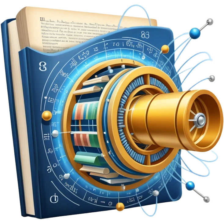 An icon featuring a physics textbook, a large Hadron Collider with particles flying off, symbolizing the study of physics. The design includes atomic models, energy waves, and scientific formulas, representing fundamental physical principles and research. Transparent background. emoji
