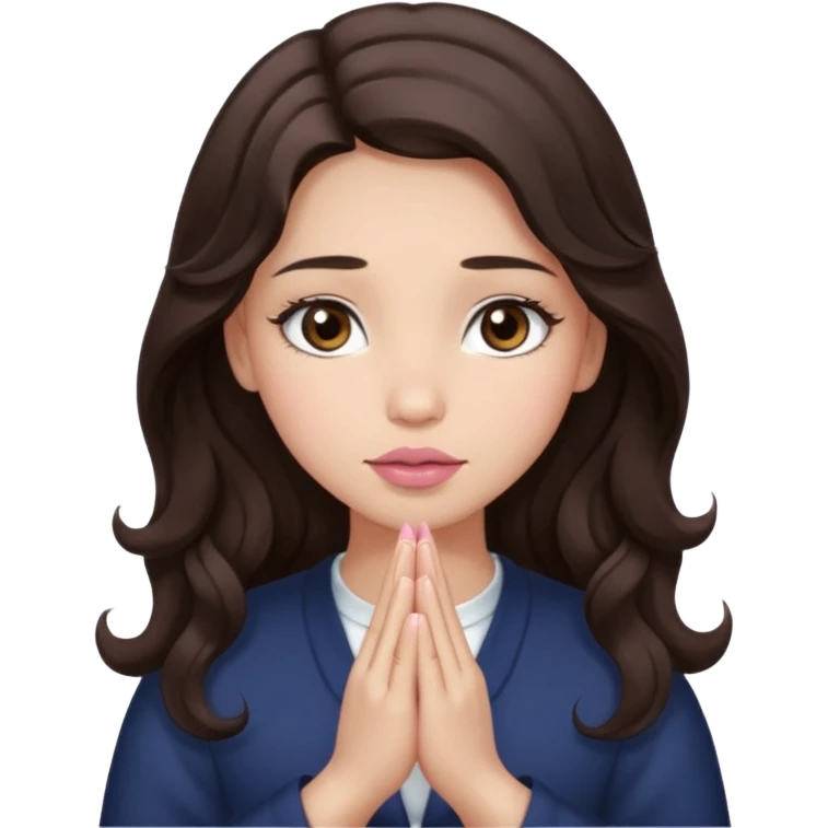 girl with wavy long glamorous dark brown hair, brown eyes, light to medium complexion, long lashes, light pink lipstick, praying emoji