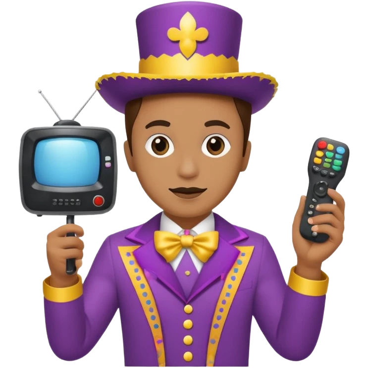 Uma pessoa com um controle remoto de televisão na mão e vestida de fantasia de carnaval emoji