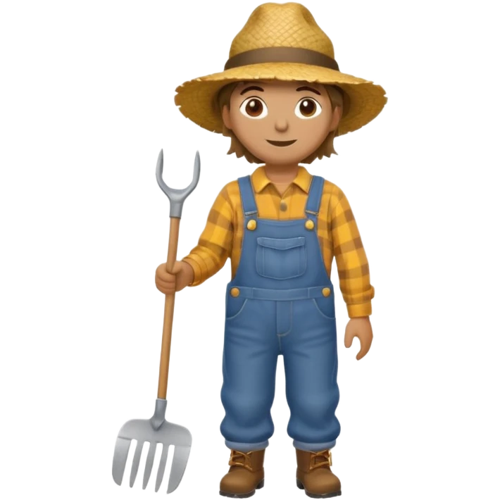 Scarecrow, Dressed like a farmer with overalls, straw hat, and a rake tucked in one arm. emoji