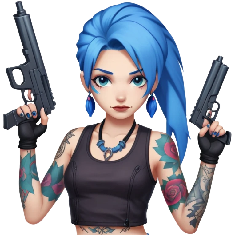 Jinx from League of Legends with blue hair and tattoos, holding guns emoji