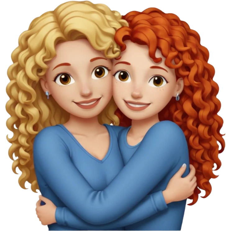 A woman with straight, blonde hair and a nose piercing and a woman with curly red hair and a nose piercing are hugging and smiling together. emoji