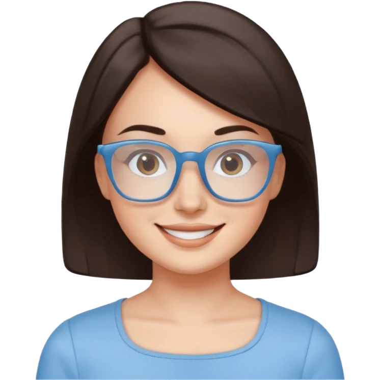 mujer de 30 años, cabello marron oscuro, anteojos cuadrados BLANCOS, top celeste escote cuadrado, piel blanca, cara redonda emoji