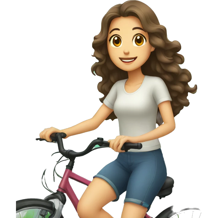 Fair looking Taiwanese girl with curly long hair riding bicycle early in the morning with trees in the background emoji