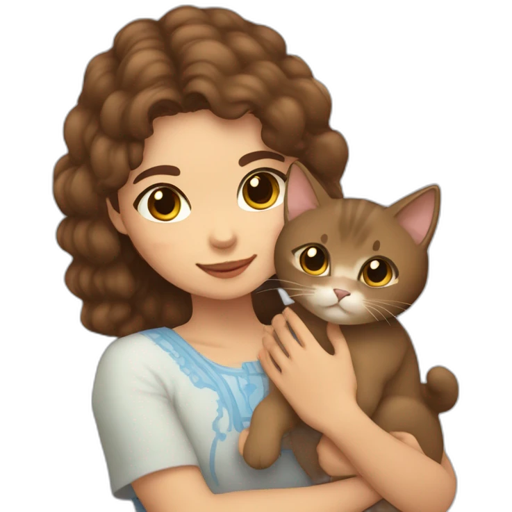 Light skin kabyle girl with brown hair and eyes petting a fluffy brown cat emoji