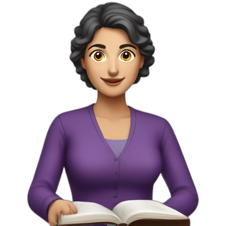 Armenian women with the purple clothes reading book and looking at camera and smiling  emoji