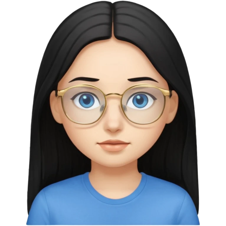 a black haired girl with blue eyes and glasses with blue shirt and long hair and gold glasses kid emoji