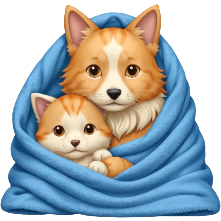An Orange cat with pointy ears and an English cream retriever dog in a blue blanket  emoji
