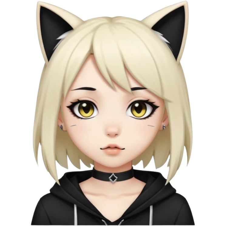 An anime emo girl with a side lip ring, black medium length hair, and cat ears emoji