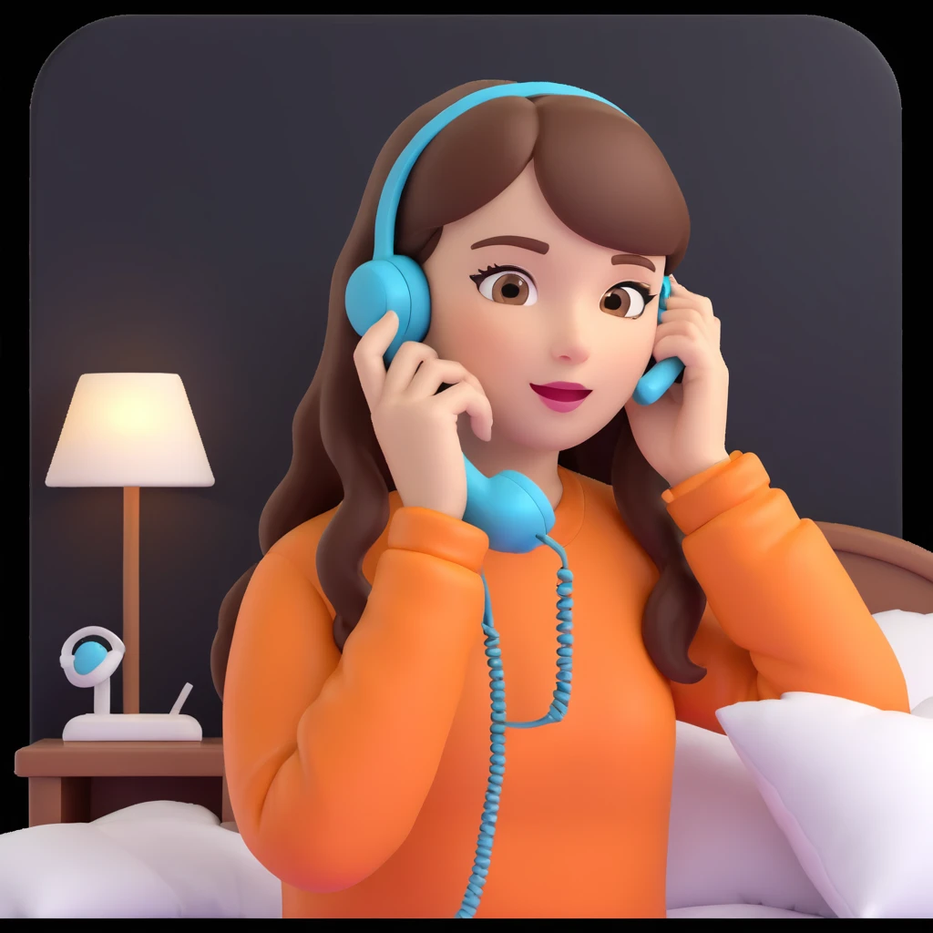 girl talking on phone bedroom background, close up pose emoji