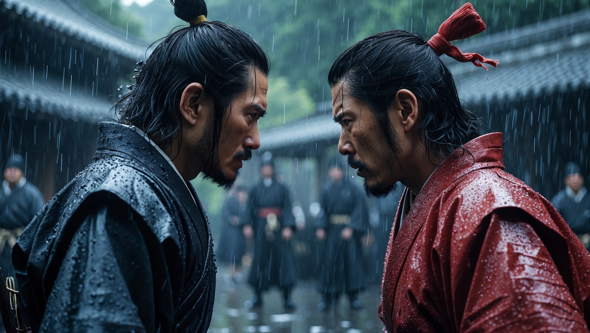 A cinematic scane from 1185, Wide shot of a two japan samurai face to face ready to fight during rain, deph composition, tense atmosphere, captured by by arri alexa, film directed by wes anderson emoji