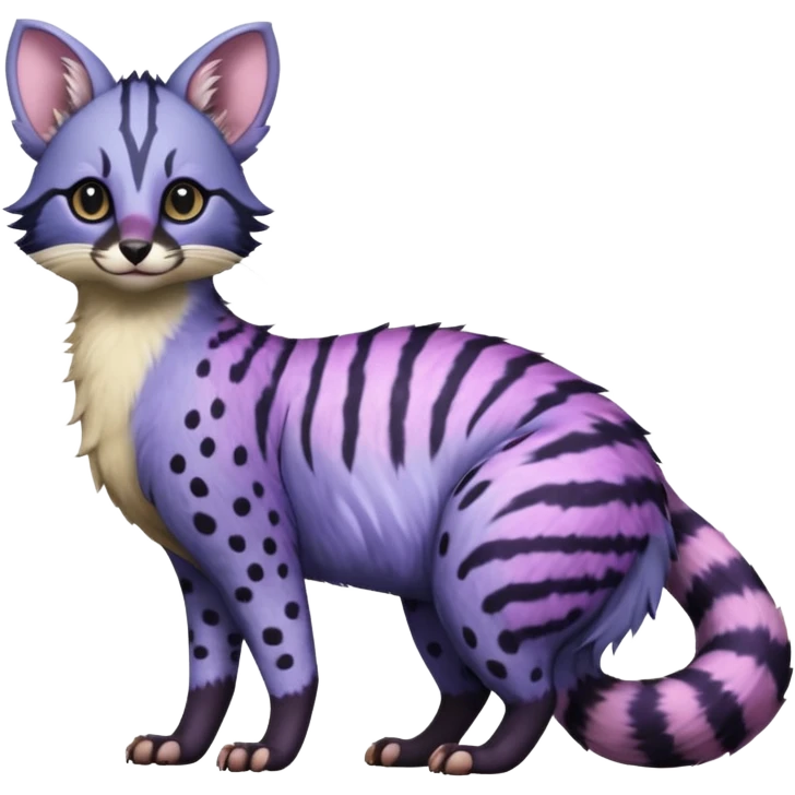 Beautiful fluffy elegant spotted dotted thick puffy hyper-realistic lifelike furry Indigo, purple, violet, pink, Civet-Genet-Possum-Serval-Caracal-Sergal-Trico-Numbat-Furret-fusion-Fakemon-hybrid-creature (full body) with long tufted ears and a striped tufted tail  emoji