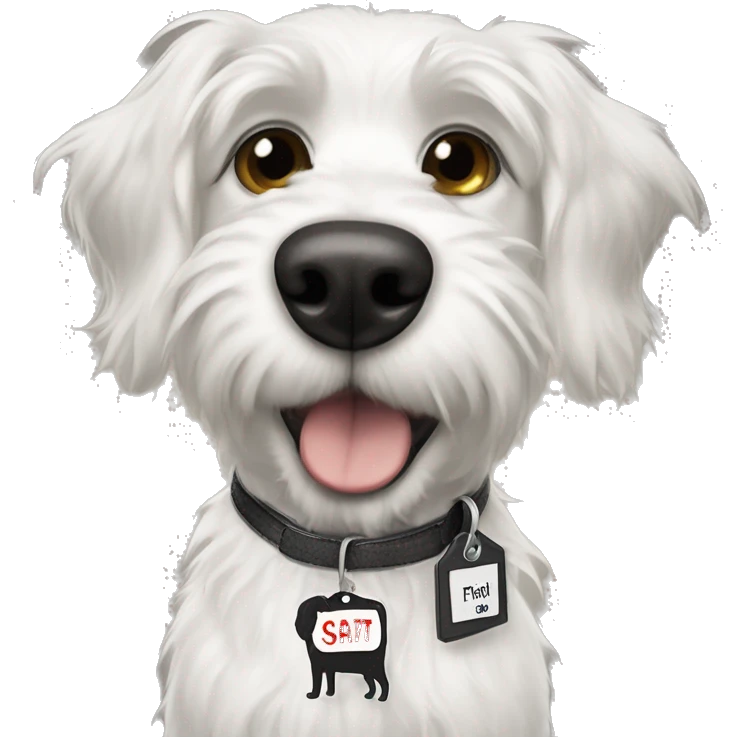 Scruffy white and black dog with a name tag that says Stuart  emoji