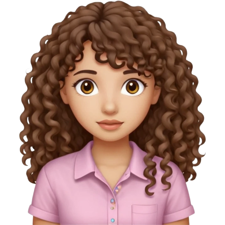 A Latina girl with brown eyes and long loose curly hair with curly bangs with a light pink shirt emoji