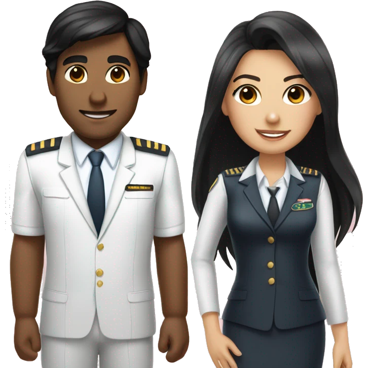 Flight attendant with long black hair and white skin with a pilot man with light tan skin and black hair emoji