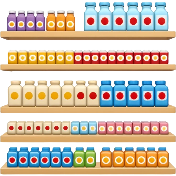 "Minimalist Japanese retail shelf display, products aligned identically in horizontal rows, each item repeated directly behind the other (multiple units in depth), vertically varied by type, clean spacing, precise symmetry, soft neutral lighting, front-facing packages, ultra-detailed." emoji
