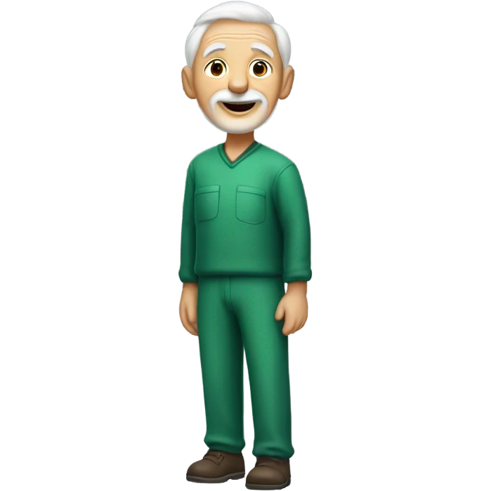 A very old man with a small white beard and has very little hair that is white, the man has peach skin, and he is wearing a green jumpsuit that has the numbers 001 on it and the man is smiling emoji