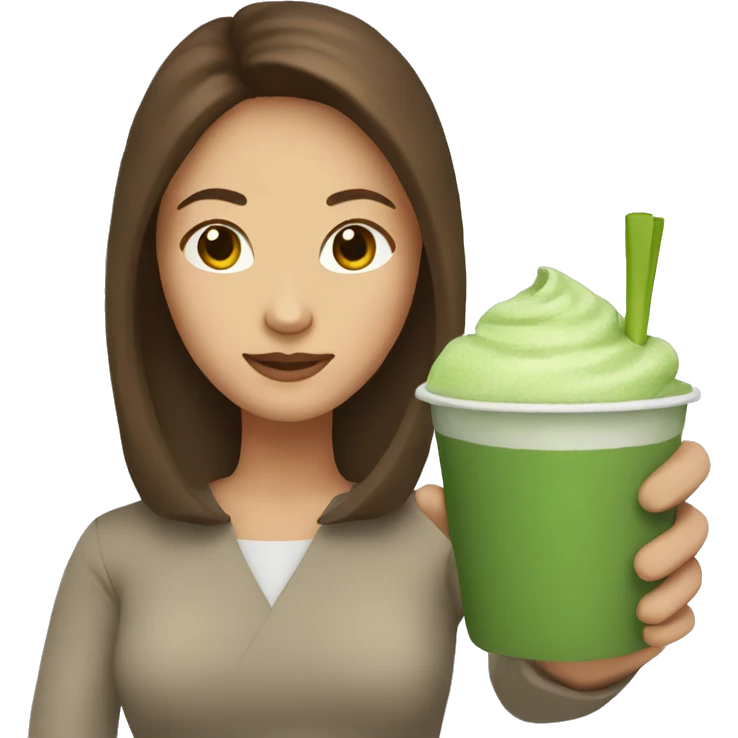 Woman with brown hair holding matcha in arm emoji