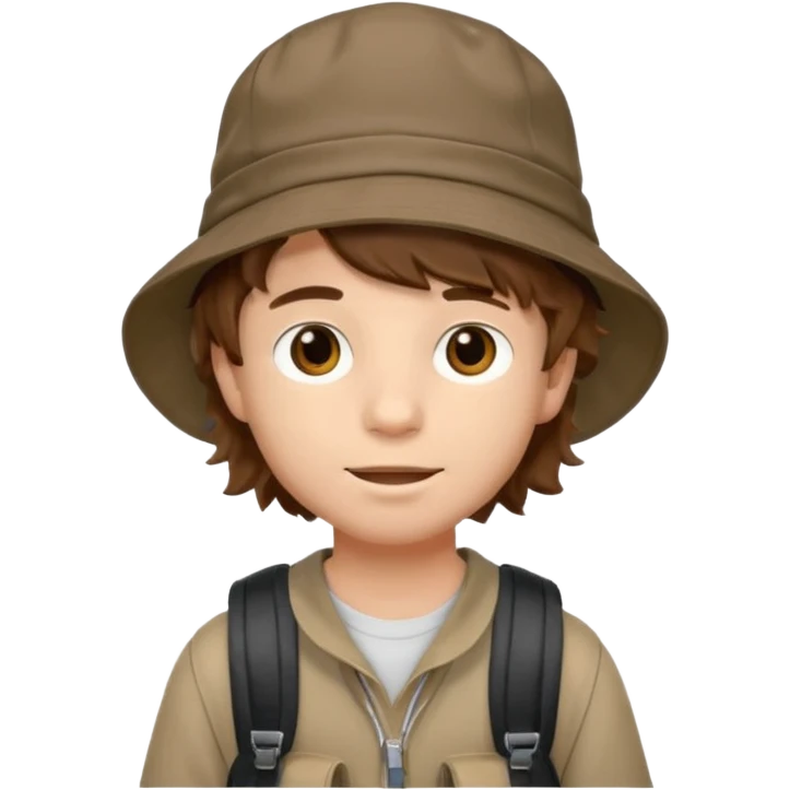 a young student boy with the backpack with bucket hat, brown wavy hair emoji
