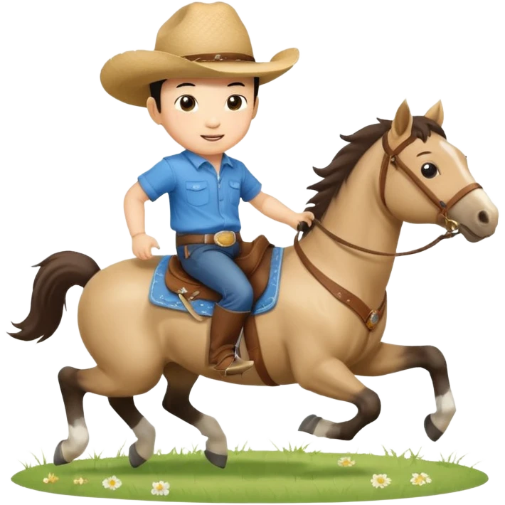 l little chinese baby boy riding on a  cute horse running on the grass with 2026 year label emoji