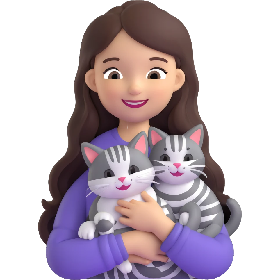 smiling girl with long hair holding a cat with silver stripes emoji