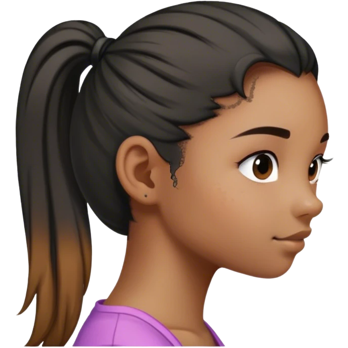 A drawing of a girl with her hair in a ponytail and she has hyerpigmentaton on her cheek sde profileher hair in ponytail is blak to whit emoji