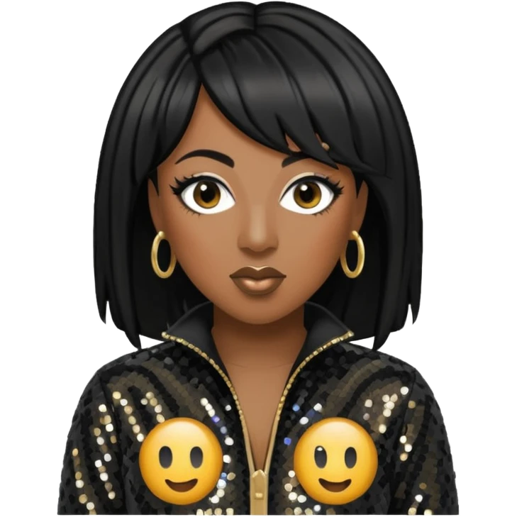 Missy Elliott with black hair, black sequin jumpsuit emoji
