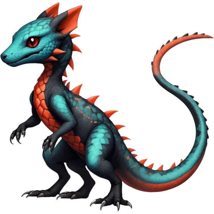 Rare realistic exotic edgy warm-colored dark gothic cool badass epic pretty beautiful handsome gorgeous aesthetic colorful vibrant Vernid-Trico-species-Fakemon-Salandit-hybrid-creature by LiLaiRa, 4 legs, 1 tail, random markings, (full body) emoji