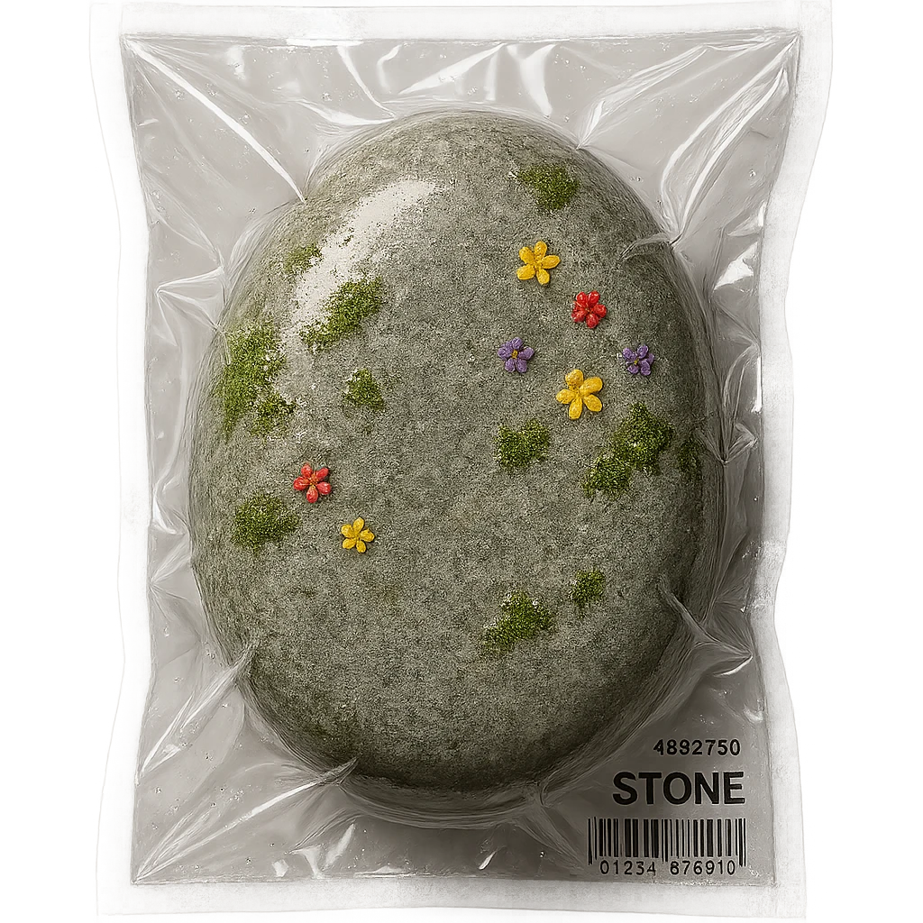 smooth light gray stone with patches of moss and scattered small colorful flowers, glossy emoji