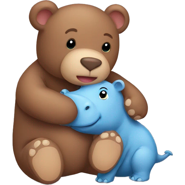 brown teddy bear holding baby hippo emoji