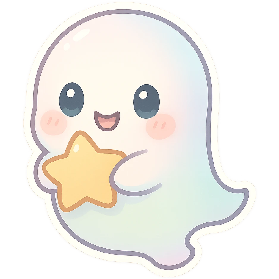 pastel ghost, chibi style, soft colors, blushing cheeks, floating, friendly expression, big eyes, holding a star emoji