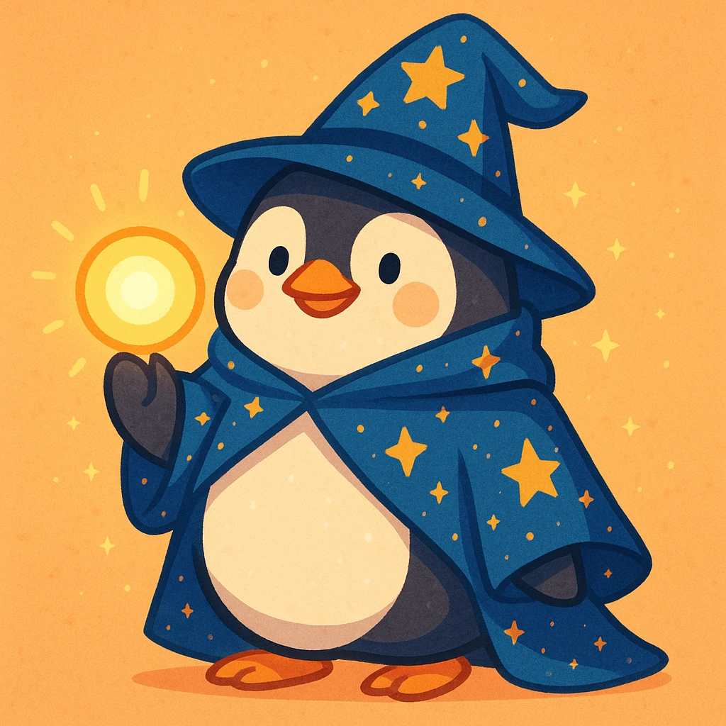 chubby penguin wizard with starry cloak and glowing orb, soft rounded illustration style emoji