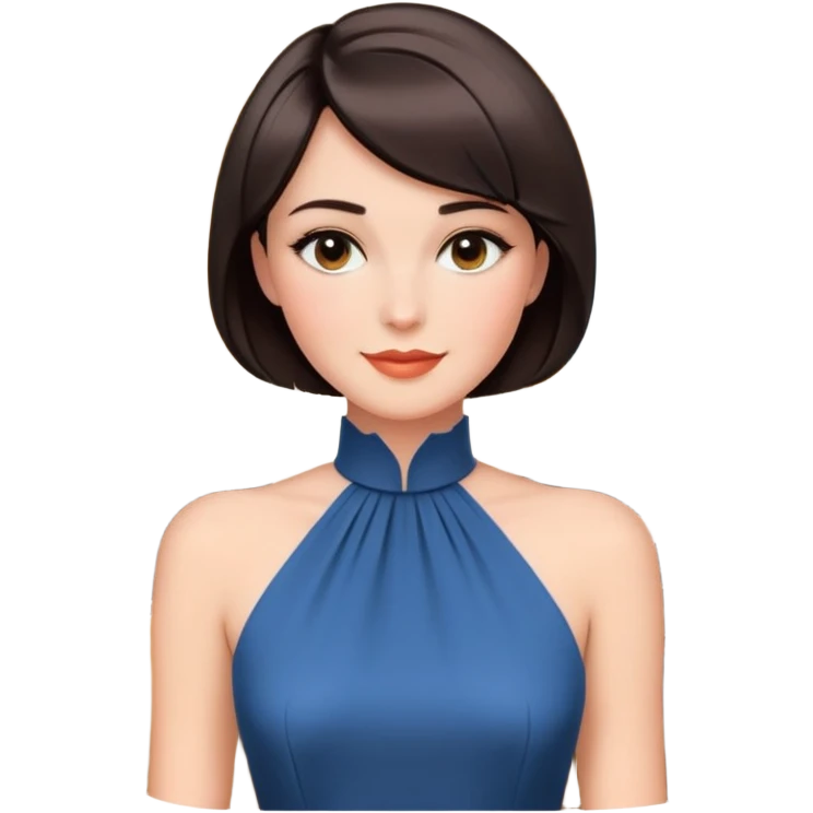 A portrait of a sophisticated woman with short bobbed hair, wearing elegant makeup and a high-neck dress. She has a soft smile, with a luxurious, classic interior setting behind her emoji