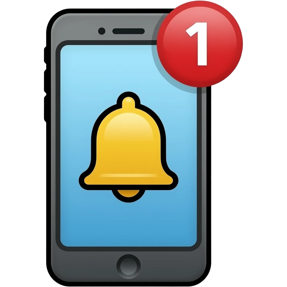 “phone icon, thick black outline, light blue screen, yellow bell center, red badge ‘1’, flat vector, simple, clean, centered, no background emoji