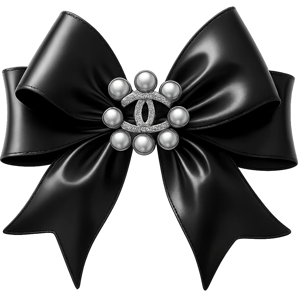 Add a solid white background behind an elegant bow with pearls and a gold Chanel logo, in a glossy, black and white, realistic style with soft reflections and highlights. emoji
