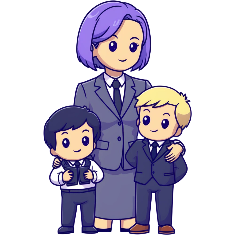 The Parr family from Incredibles in civilian clothes - Bob in business suit, Helen in casual clothes, Violet teen with black hair, Dash blonde boy, baby Jack-Jack emoji