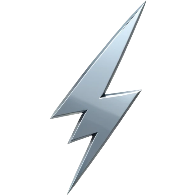 A lightning bolt emoji made of polished silver chrome, sharp yet rounded edges, glossy metallic surface, soft reflections, minimal futuristic design, iOS emoji style, centered, clean white background emoji