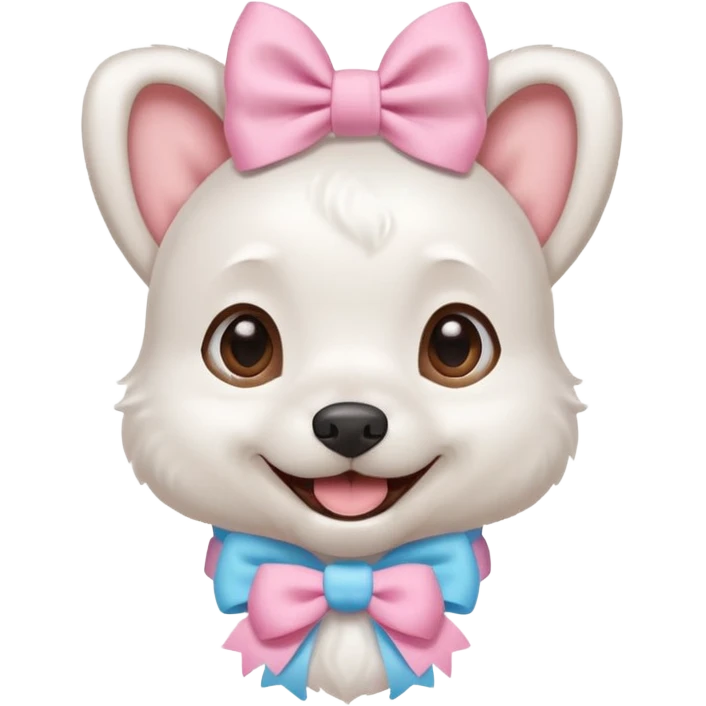 a cute white dog wearing a pink blue pastel bow on his head while he smiles excitedly emoji