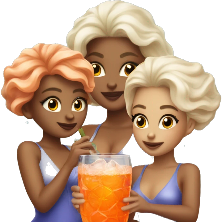 Three beautiful mermaids light skin drinking aperol emoji