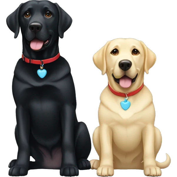 one happy adult black labradors with a red collar next to one happy adult black labradors with a light blue collar. emoji